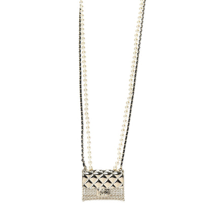 Chanel Metal Lambskin Pearl Chain Flap Bag Long Necklace Gold Black Pearly White 1 of 6