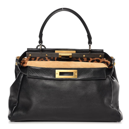 Fendi Calfskin Calf Hair Leopard Print Medium Peekaboo Iconic Satchel Black 1 of 9