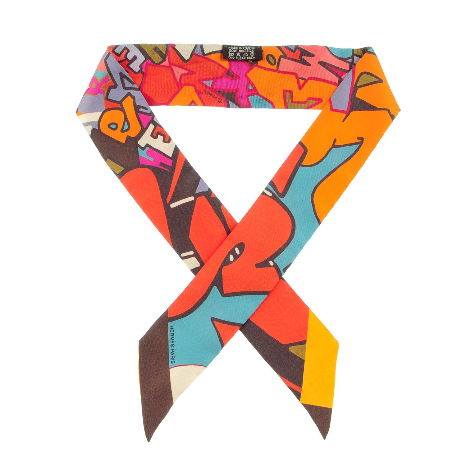 Hermes Silk Graff Graffiti Twilly Marron Orange Vert De Gris 1 of 5