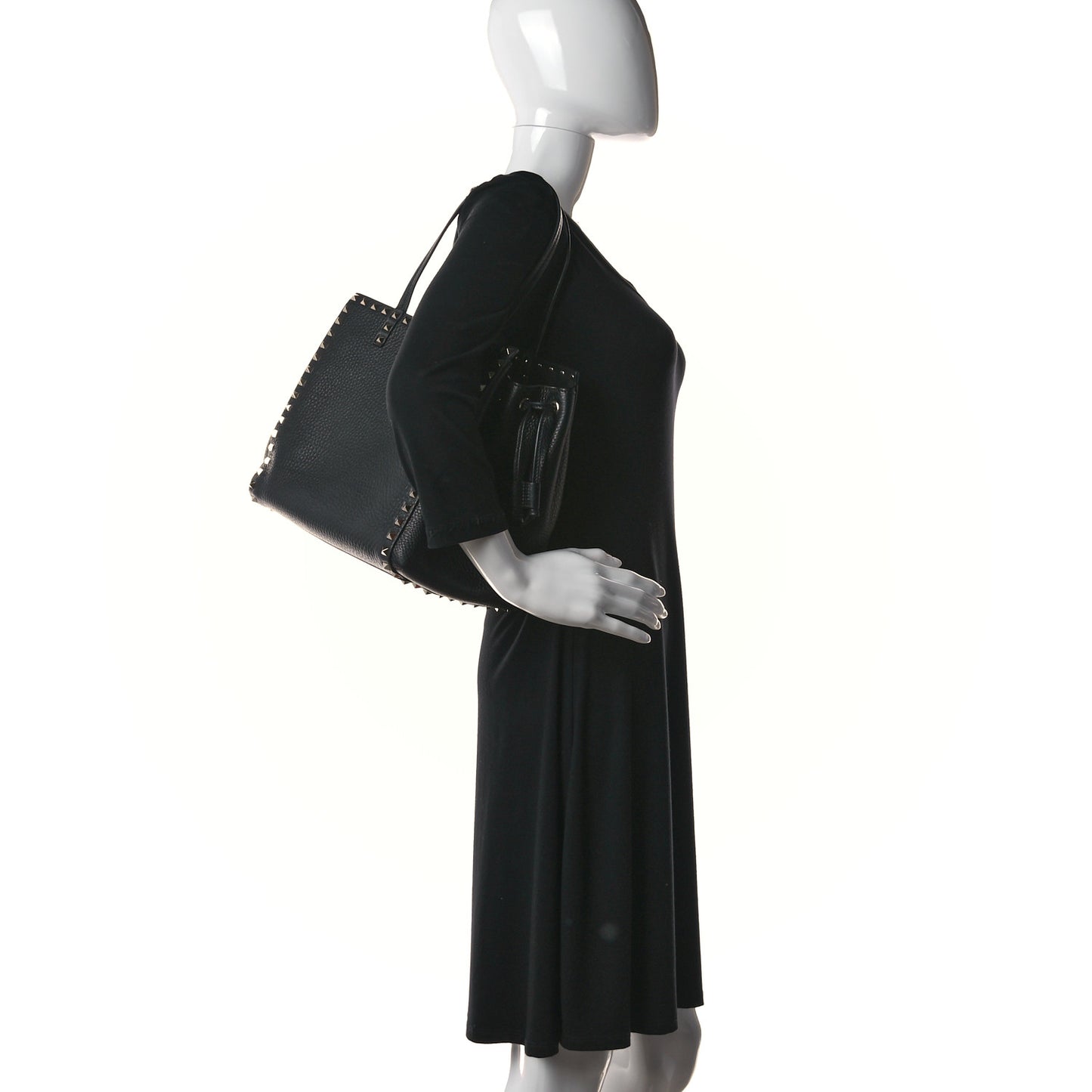 Grained Calfskin Rockstud Double Handle Cinch Tote Black