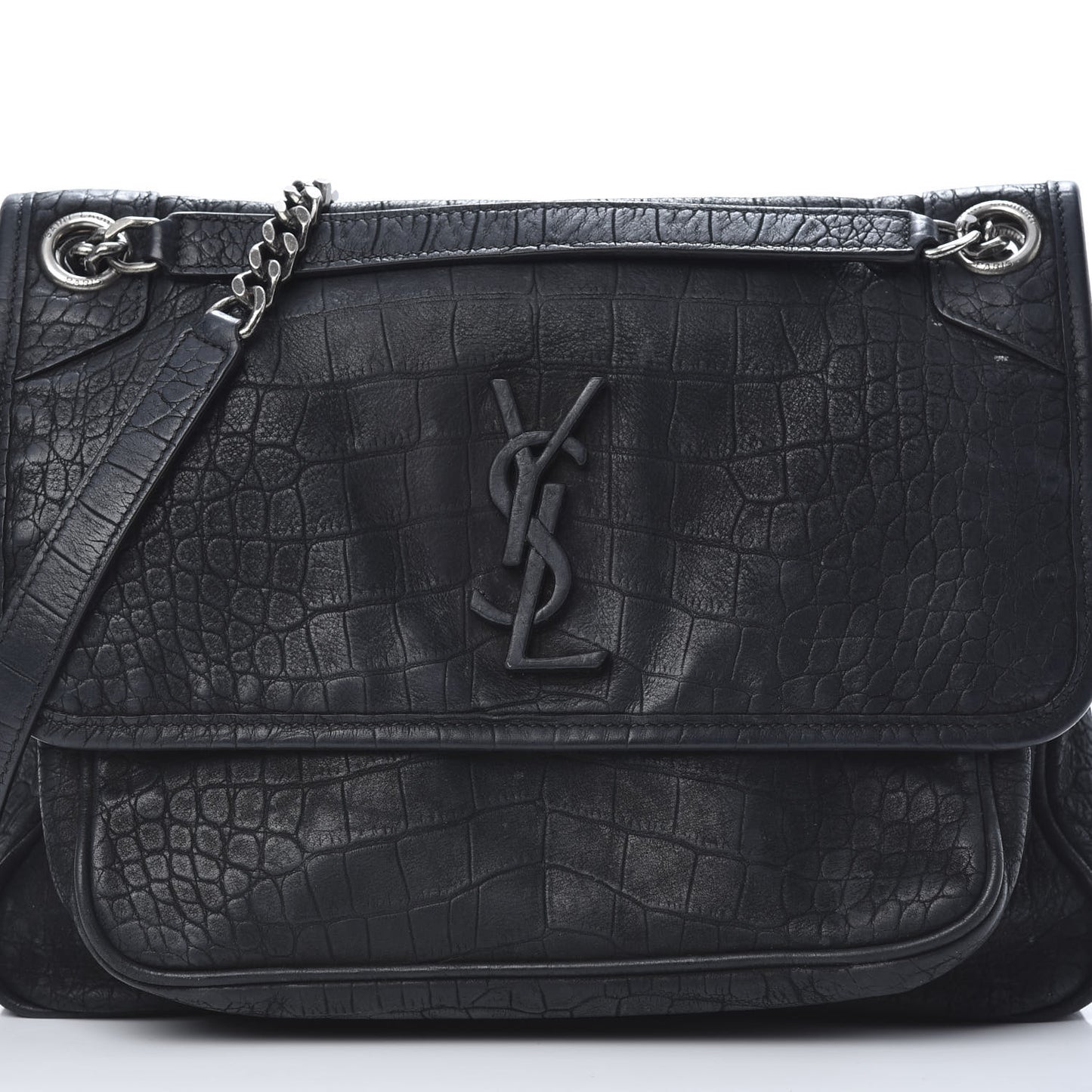 Nubuck Crocodile Embossed Monogram Medium Niki Chain Satchel Black