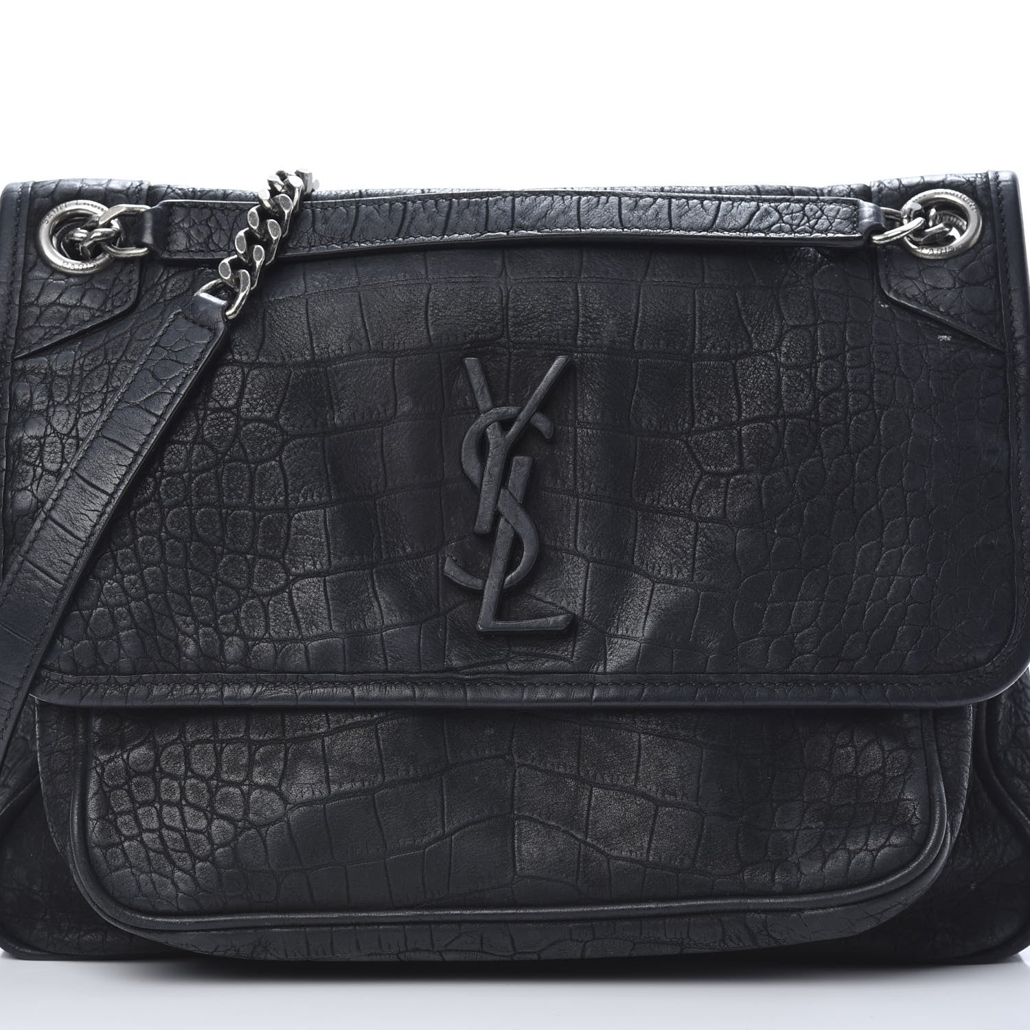 Saint Laurent Nubuck Crocodile Embossed Monogram Medium Niki Chain Satchel Black 8 of 16