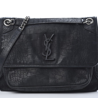 Saint Laurent Nubuck Crocodile Embossed Monogram Medium Niki Chain Satchel Black 8 of 16