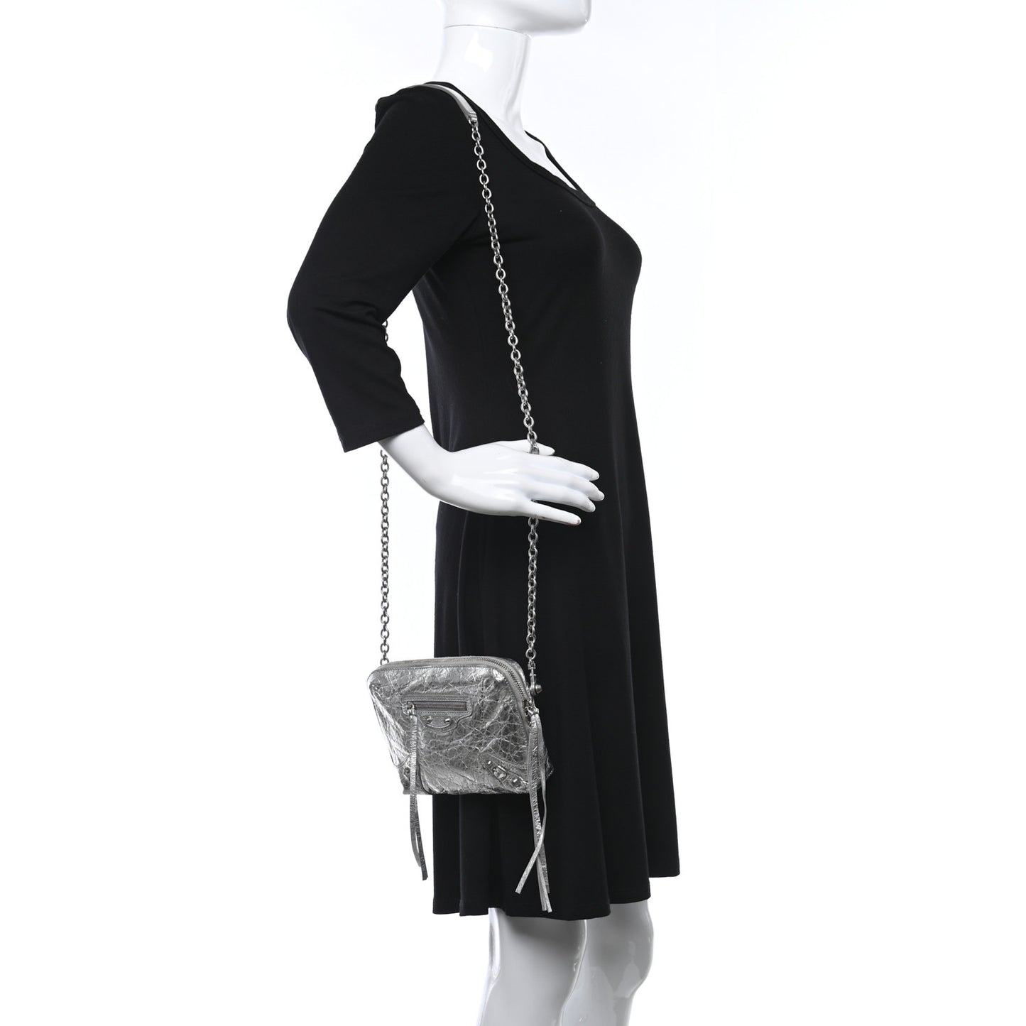 Metallic Calfskin Classic Silver Hardware Pouch With A Chain Crossbody Silver