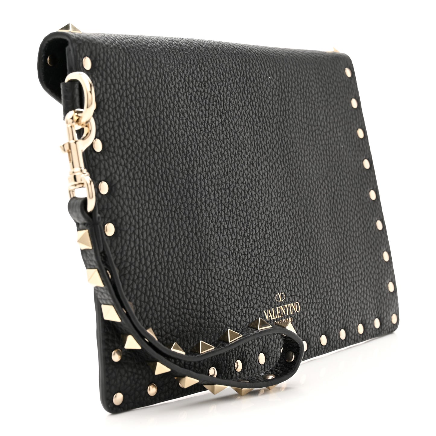 Pebbled Calfskin Medium Rockstud Envelope Flat Wristlet Pouch Black