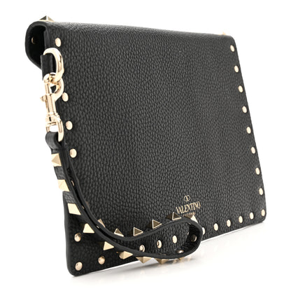 Valentino Garavani Pebbled Calfskin Medium Rockstud Envelope Flat Wristlet Pouch Black 3 of 8