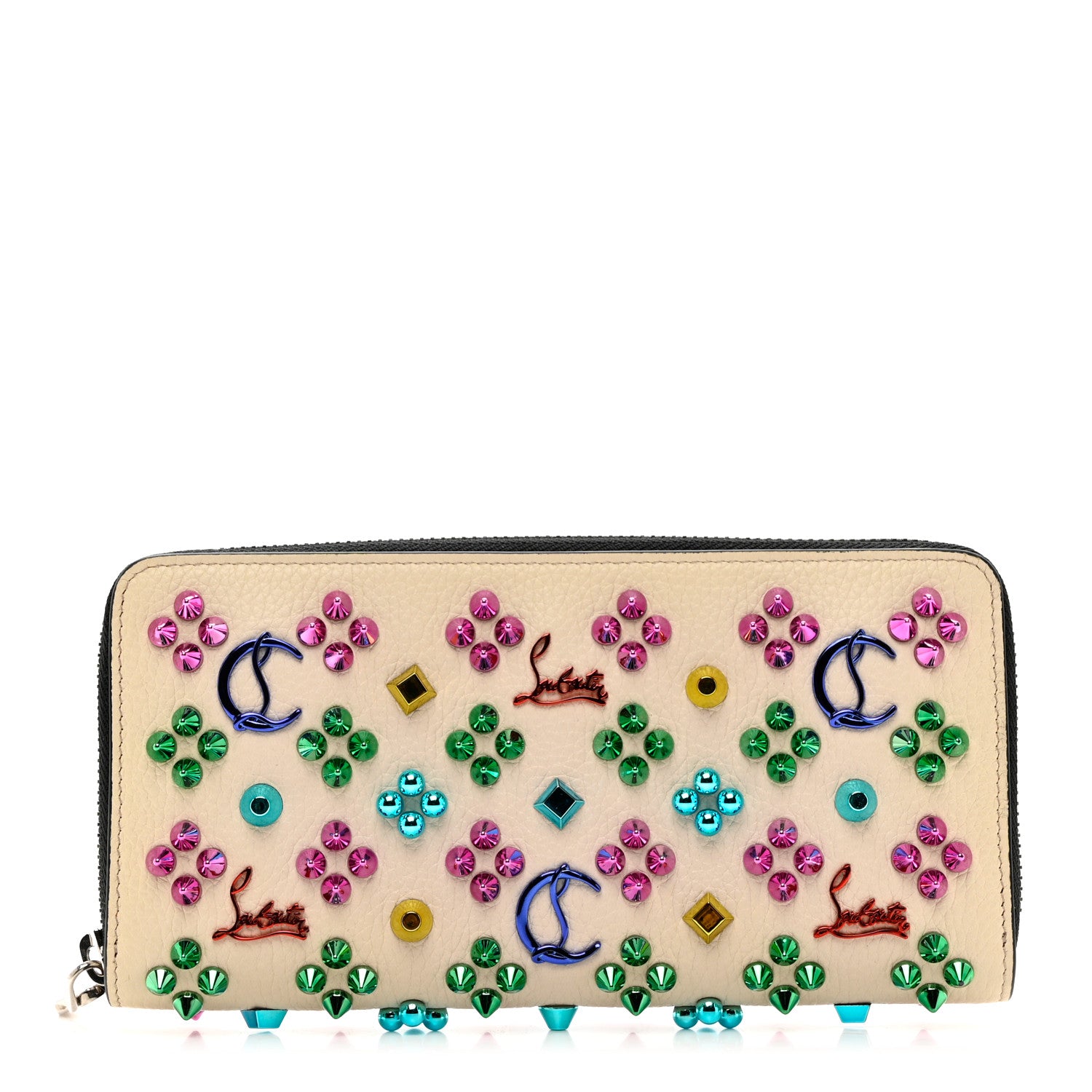 Christian Louboutin Calfskin Panettone Spiked Zip Around Wallet Ivory 1 of 8