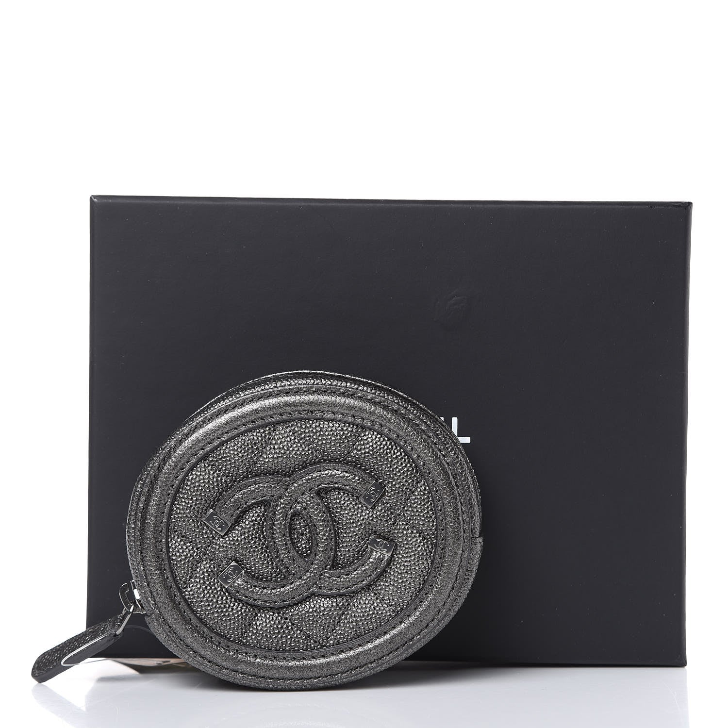 Chanel Metallic Caviar Quilted Filigree Zip Around Classic Coin Purse Dark Silver 8 of 8