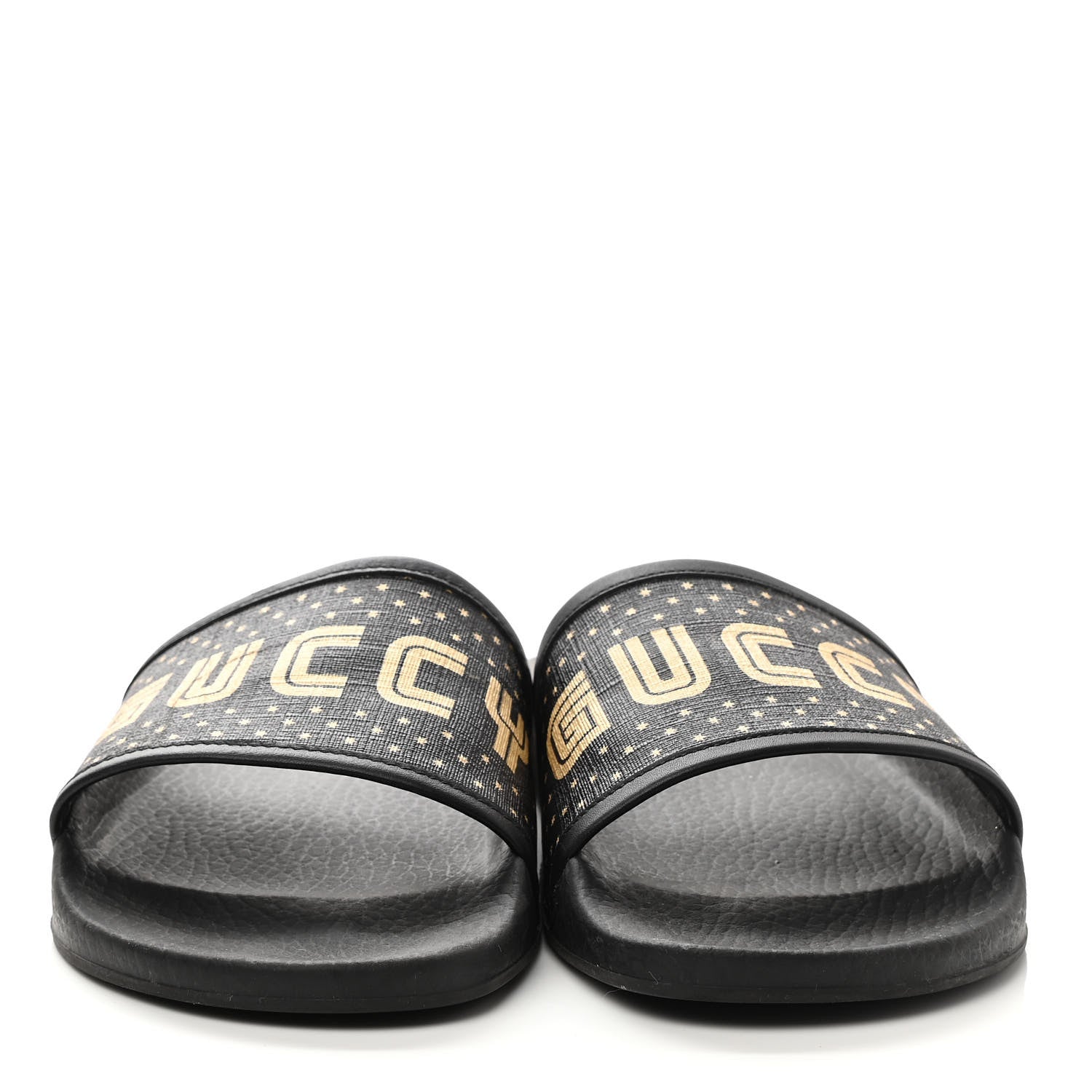 Gucci X SEGA Supreme Canvas GUCCY Stars Womens Slide Sandals 40 Black Gold 2 of 8
