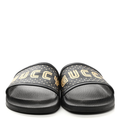 Gucci X SEGA Supreme Canvas GUCCY Stars Womens Slide Sandals 40 Black Gold 2 of 8