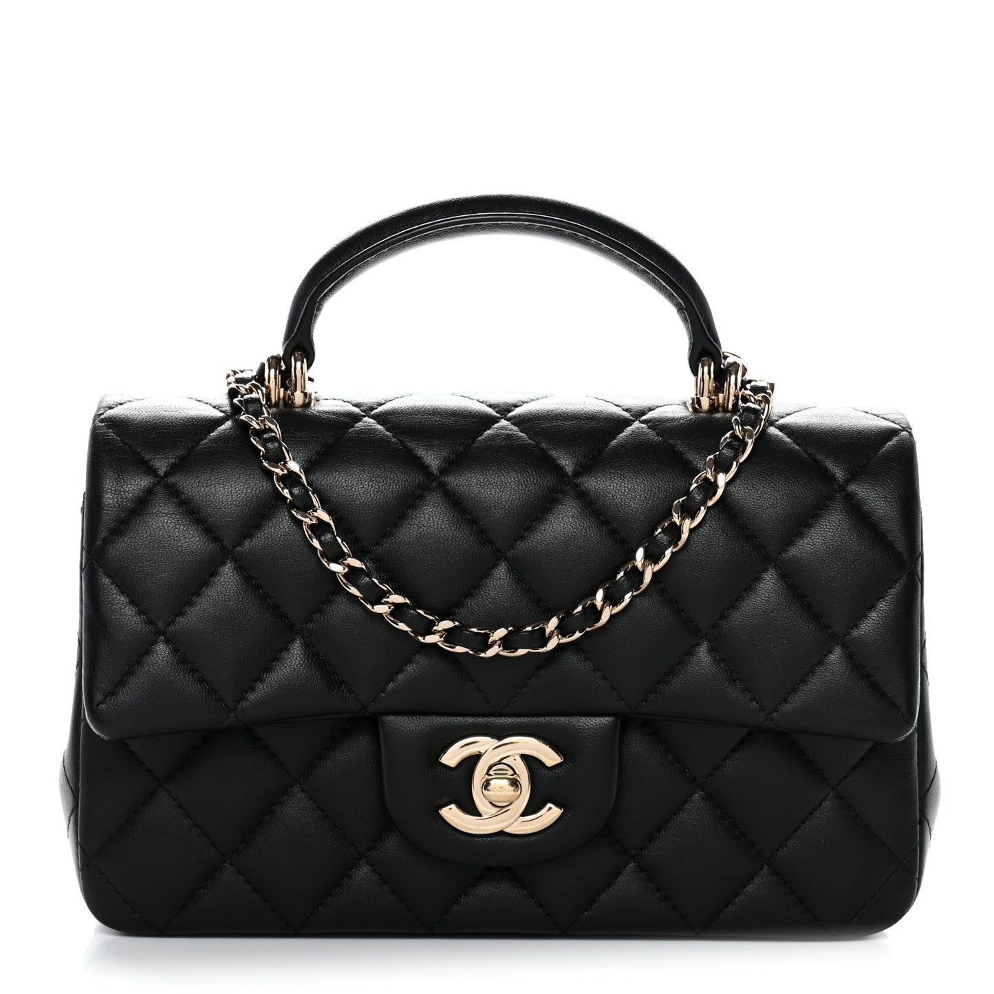 Lambskin Quilted Mini Top Handle Rectangular Flap Black