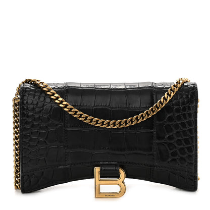 Balenciaga Shiny Calfskin Crocodile Embossed Hourglass Chain Bag Black 1 of 10