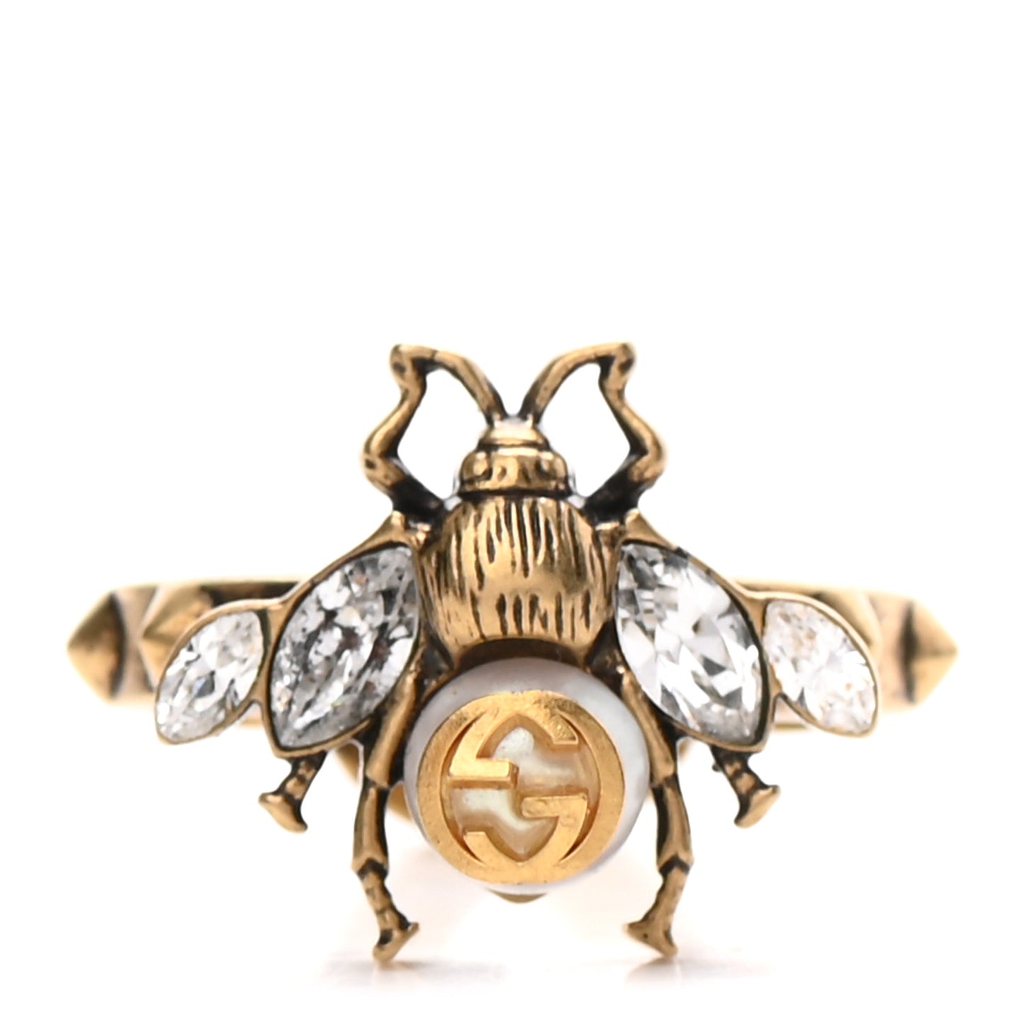 Metal Crystal Pearl Bee Ring 53 6.25 Aged Gold