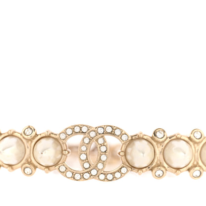 Chanel Strass Crystal Studded Pearl CC Choker Necklace Gold Pearly White 4 of 6