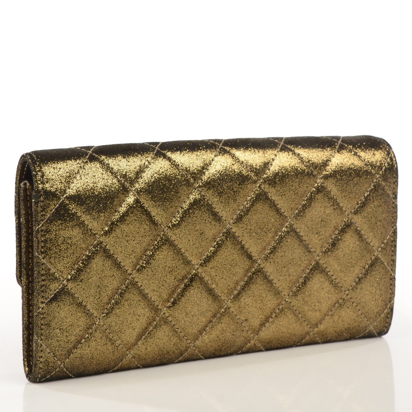 Iridescent Calfskin Quilted Tartan Button Large Gusset Flap Wallet Gold