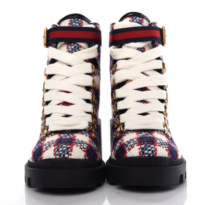 Gucci Vintage Tweed Check Lace Up Combat Ankle Boots 35 White Hibiscus Red Marine 2 of 11
