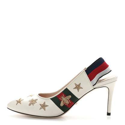 Gucci Malaga Kid Web Bee Star Embroidered Sylvie Mid Heel Slingback Pumps 37.5 White 1 of 10