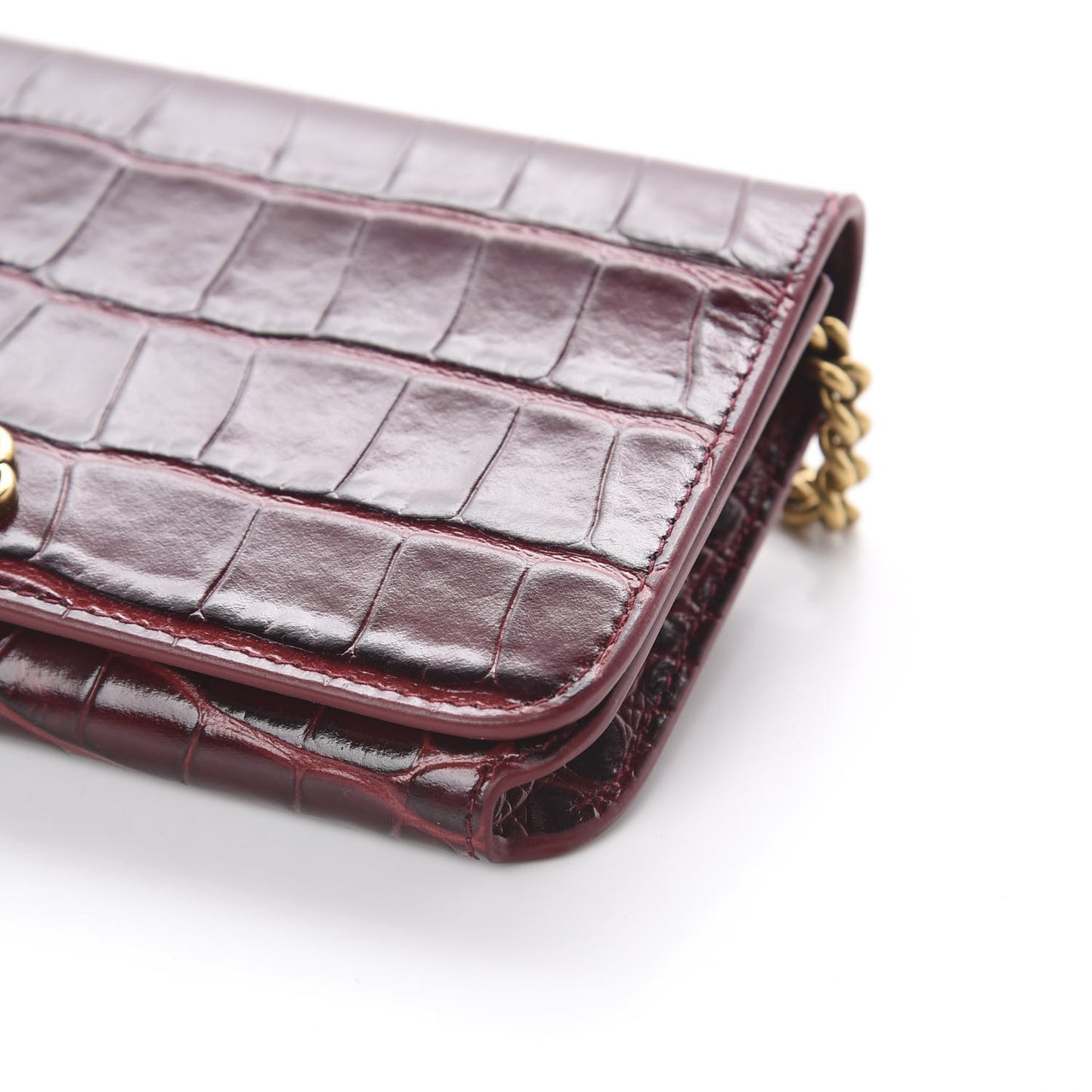 Shiny Calfskin Crocodile Embossed BB Phone Holder Wallet On Chain Dark Red