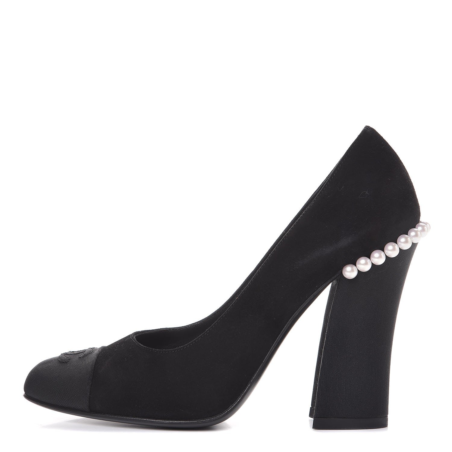 Chanel Suede Grosgrain Pearl CC Cap Toe Pump 38.5 Black 1 of 9