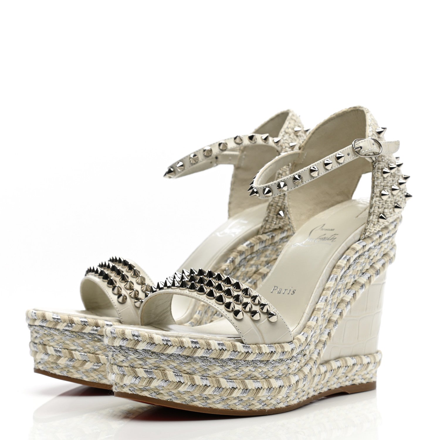 Christian Louboutin Calfskin Crocodile Embossed Madmonica 120 Wedge Sandals 38 Chalk 3 of 8