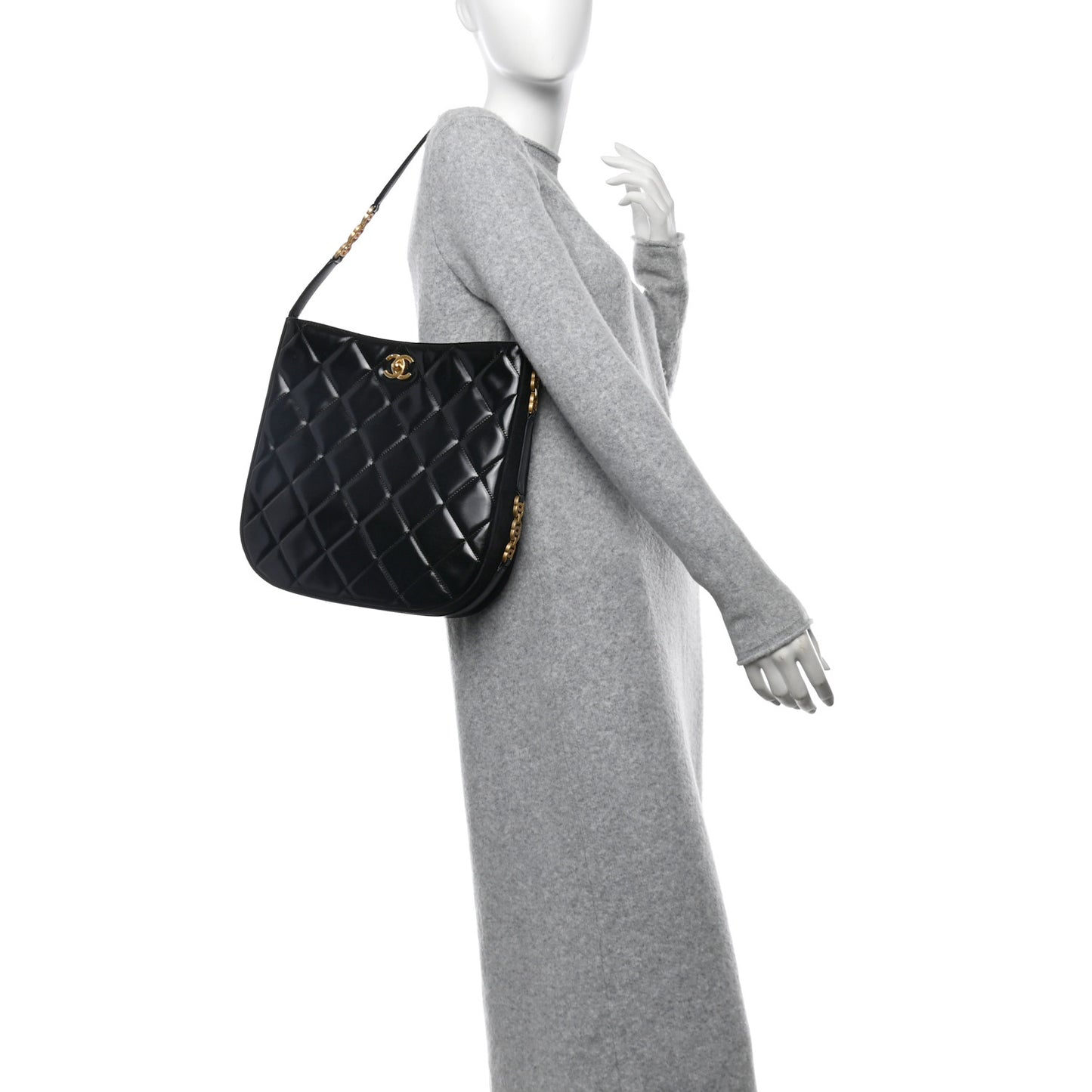 Shiny Calfskin Suede Goatskin Quilted Hobo Black