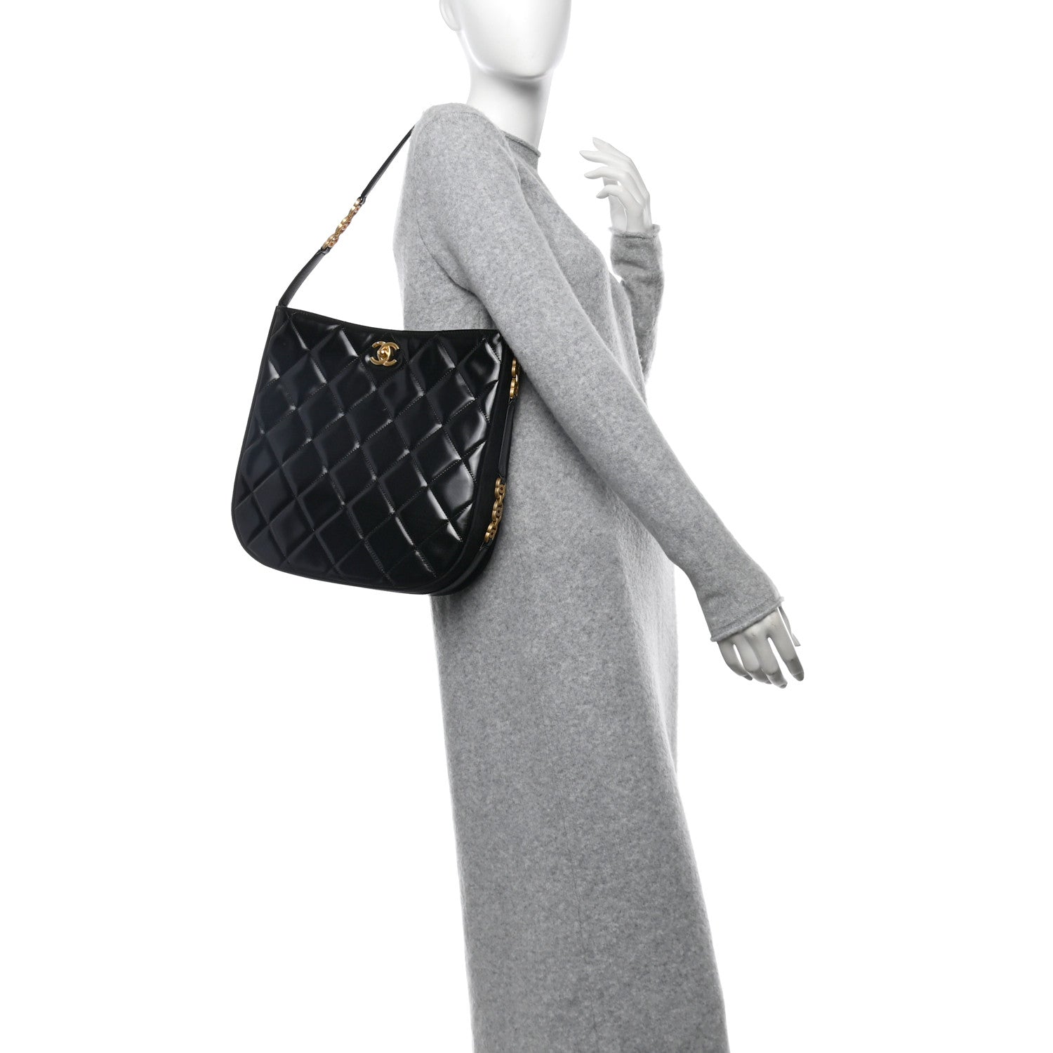 Chanel Shiny Calfskin Suede Goatskin Quilted Hobo Black 2 of 10