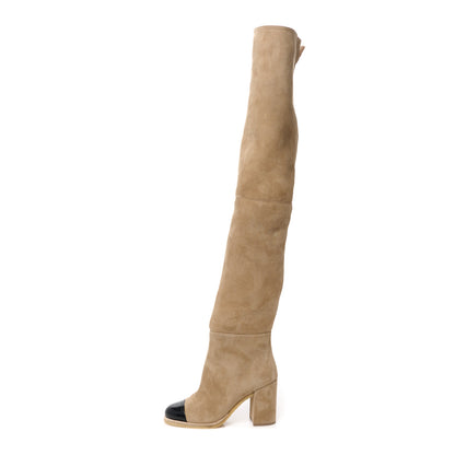 Chanel Shearling Sheepskin Shiny Calfskin Thigh Boots 38 Beige Black 1 of 8