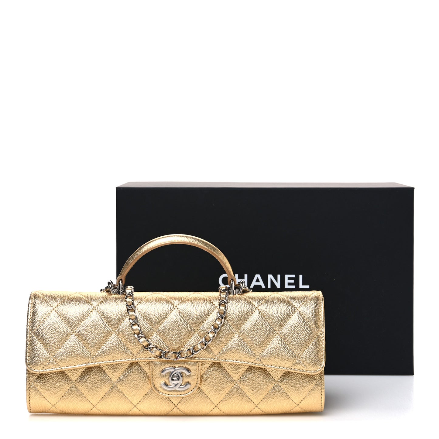 Metallic Caviar Quilted Top Handle Flap Clutch With Chain Gold