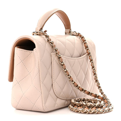 Chanel Lambskin Quilted Bi-Color Mini Top Handle Rectangular Flap Ecru Dark Beige 3 of 12