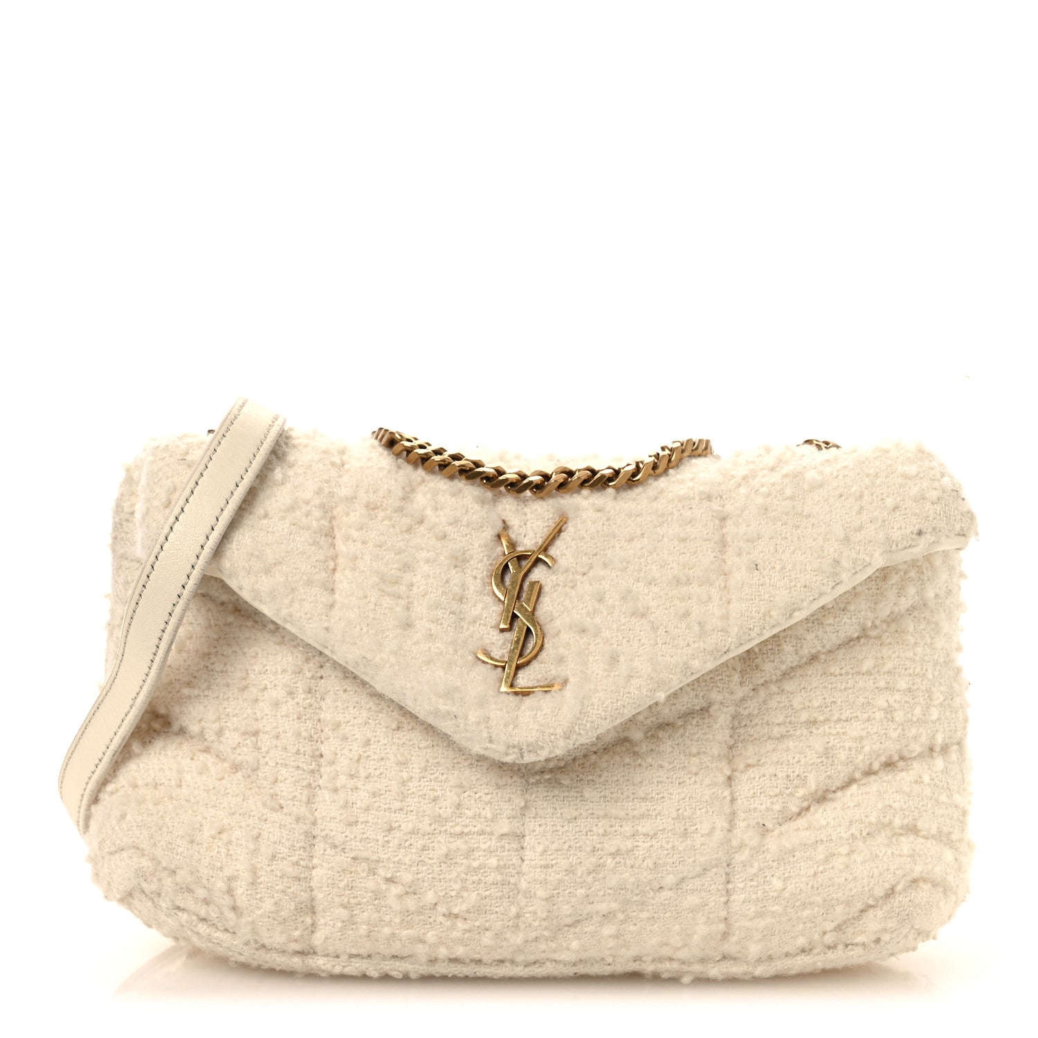 Saint Laurent Boucle Tweed Quilted Toy Loulou Puffer Monogram Chain Satchel Crema Soft 1 of 12