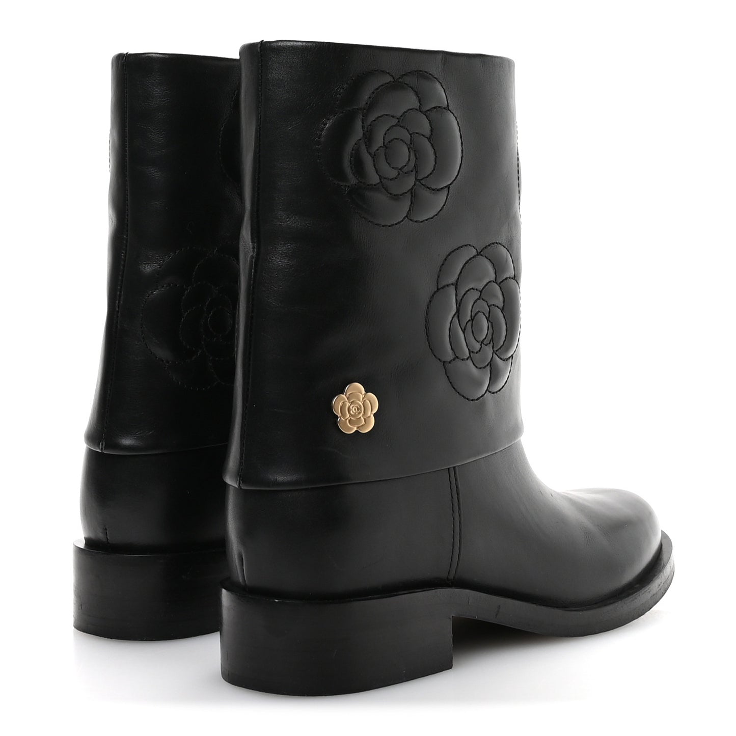 Calfskin Camellia Short Boots 37.5 Black