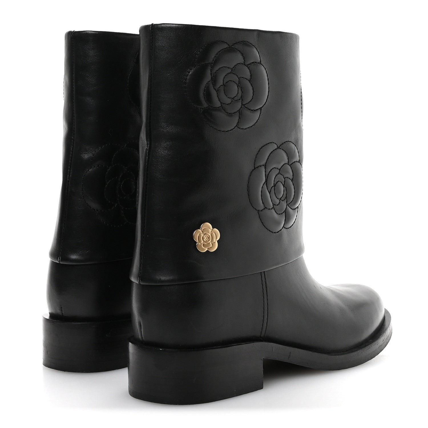 Chanel Calfskin Camellia Short Boots 37.5 Black 5 of 8