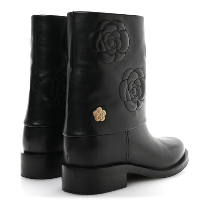 Chanel Calfskin Camellia Short Boots 37.5 Black 5 of 8