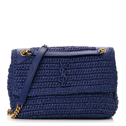 Saint Laurent Raffia Calfskin Monogram Medium Niki Chain Satchel Blue 1 of 9