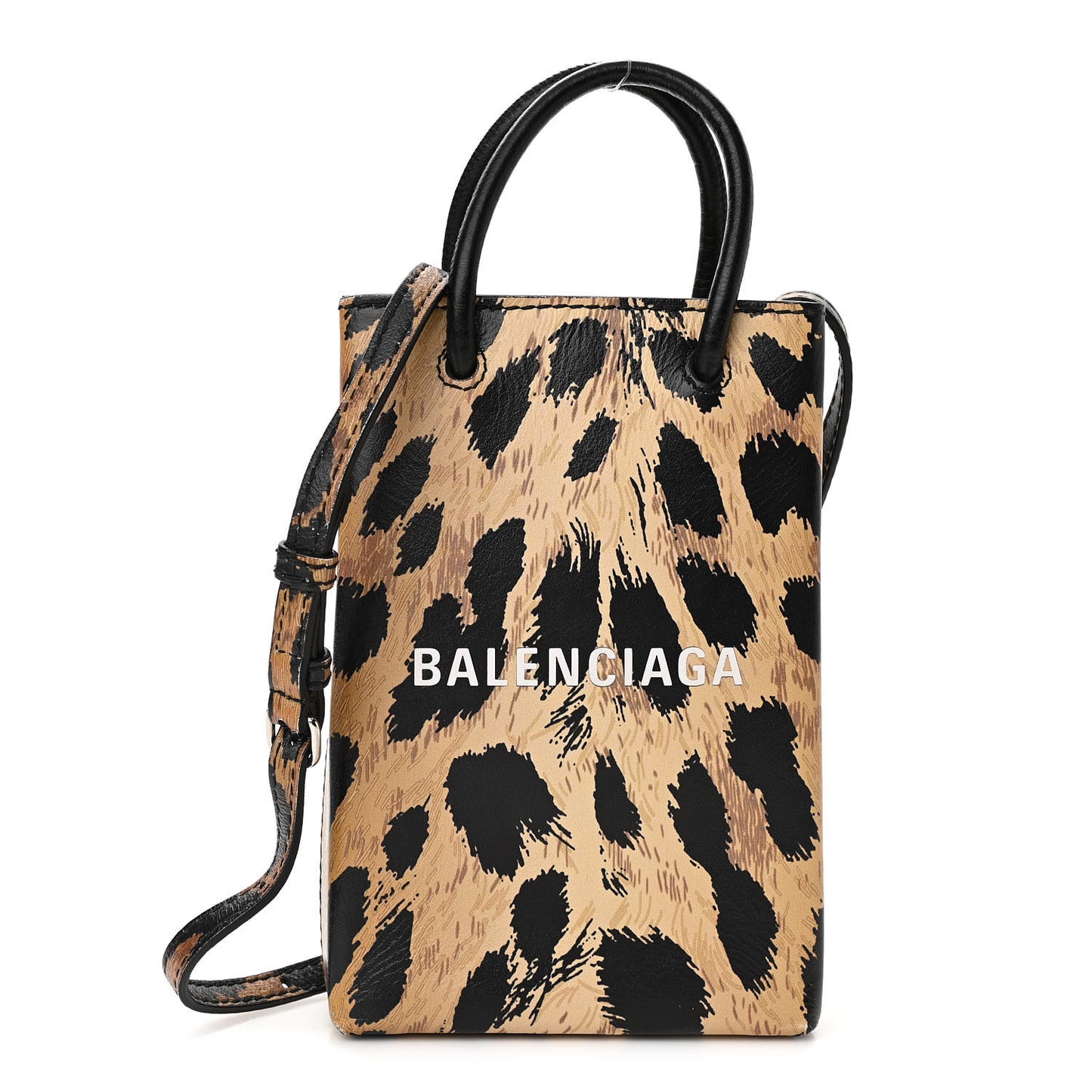 Smooth Calfskin Leopard Print Logo Shopping Phone Holder Bag Beige Black