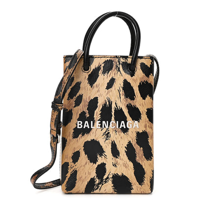 Balenciaga Smooth Calfskin Leopard Print Logo Shopping Phone Holder Bag Beige Black 1 of 10