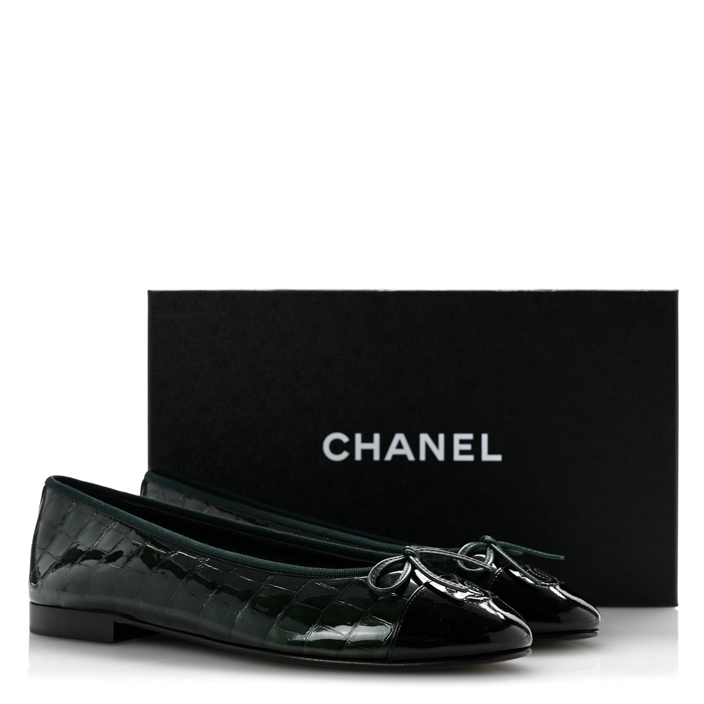 Patent Crocodile Embossed Ballerina Flats 39 Dark Green Black