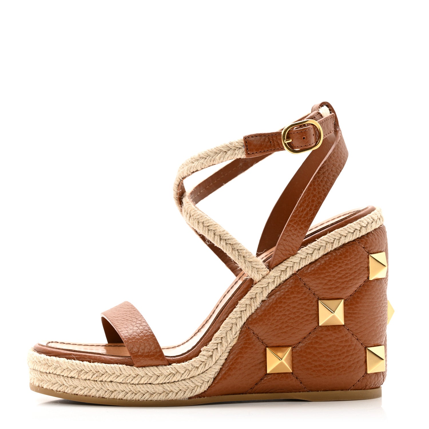 Valentino Garavani Grained Calfskin Roman Stud Espadrille Wedge Ankle Wrap Sandals 35.5 Selleria 1 of 13