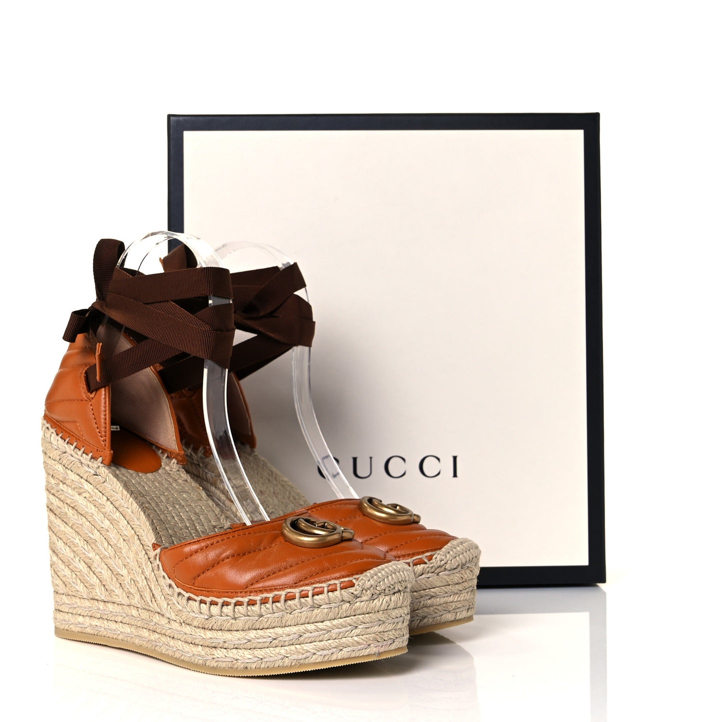 Nappa Matelasse GG Marmont Ankle Wrap Platform 35/120mm Espadrille Wedges 38 Cognac