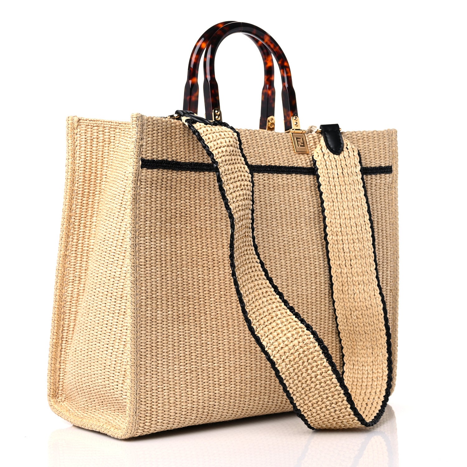 Fendi Straw Vitello King Plexiglass Woven Medium Fendi Sunshine Shopper Tote Natural Black 3 of 10