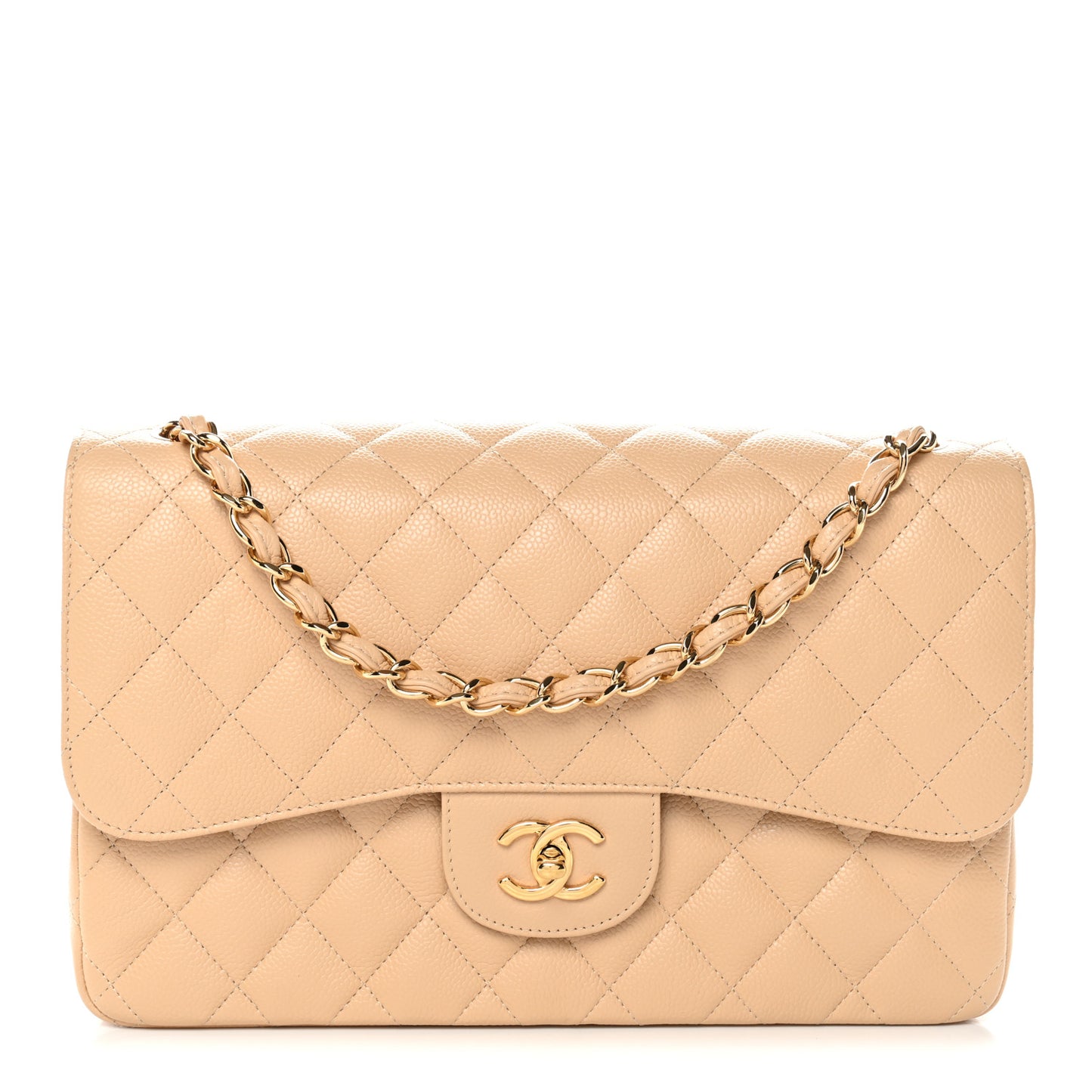 Caviar Quilted Jumbo Double Flap Light Beige