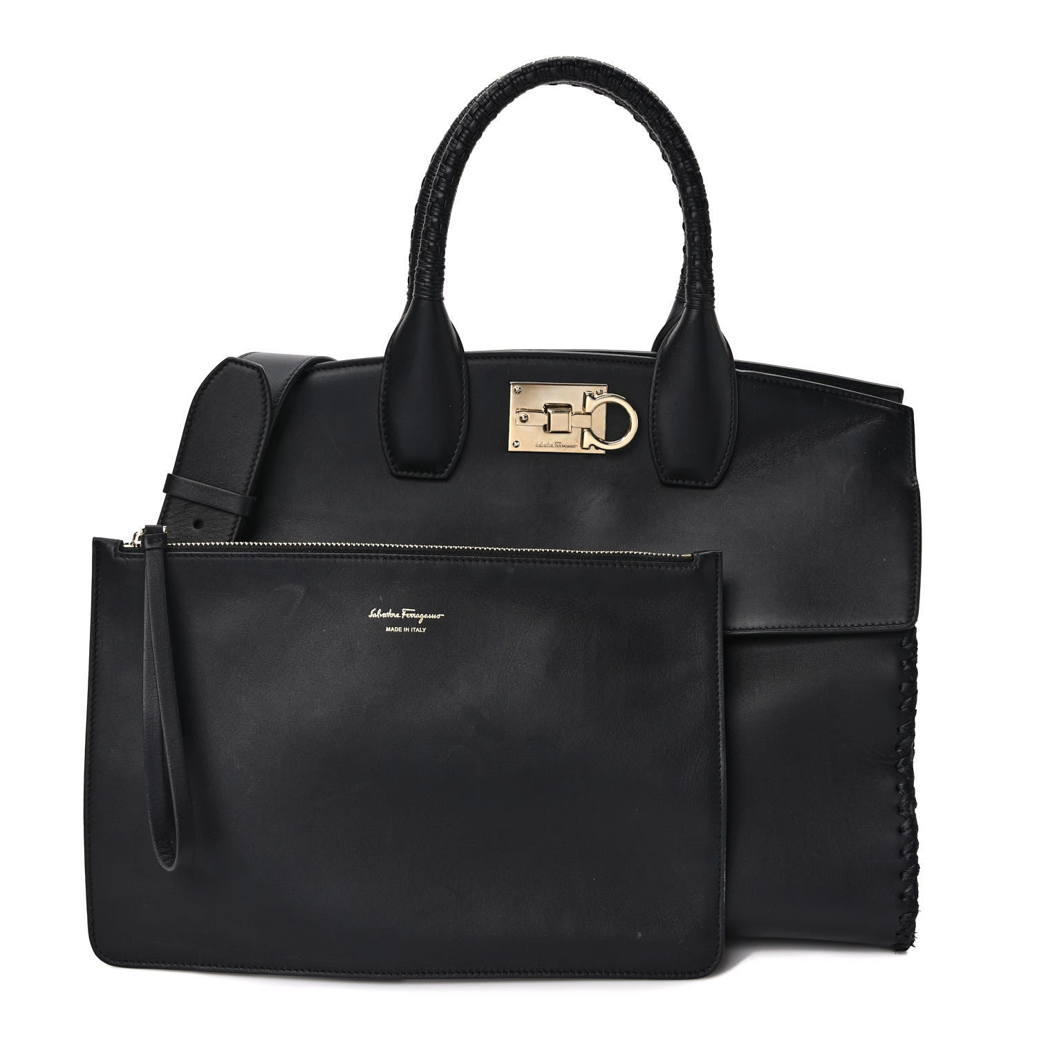 Salvatore Ferragamo Calfskin Woven Small Studio Top Handle Bag Black 1 of 11