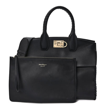 Salvatore Ferragamo Calfskin Woven Small Studio Top Handle Bag Black 1 of 11