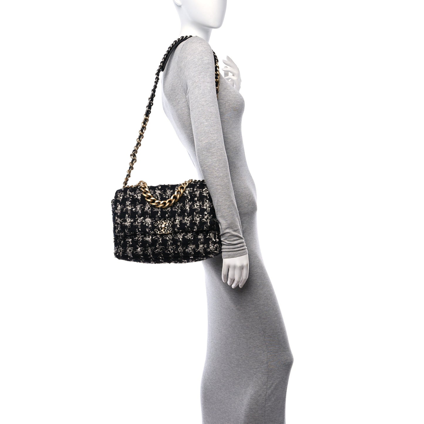 Tweed Quilted Large Chanel 19 Flap Black Silver Ecru