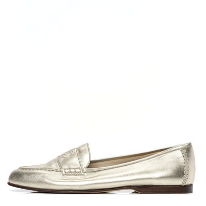 Chanel Metallic Lambskin CC Mocassin Loafers 38 Silver 1 of 7