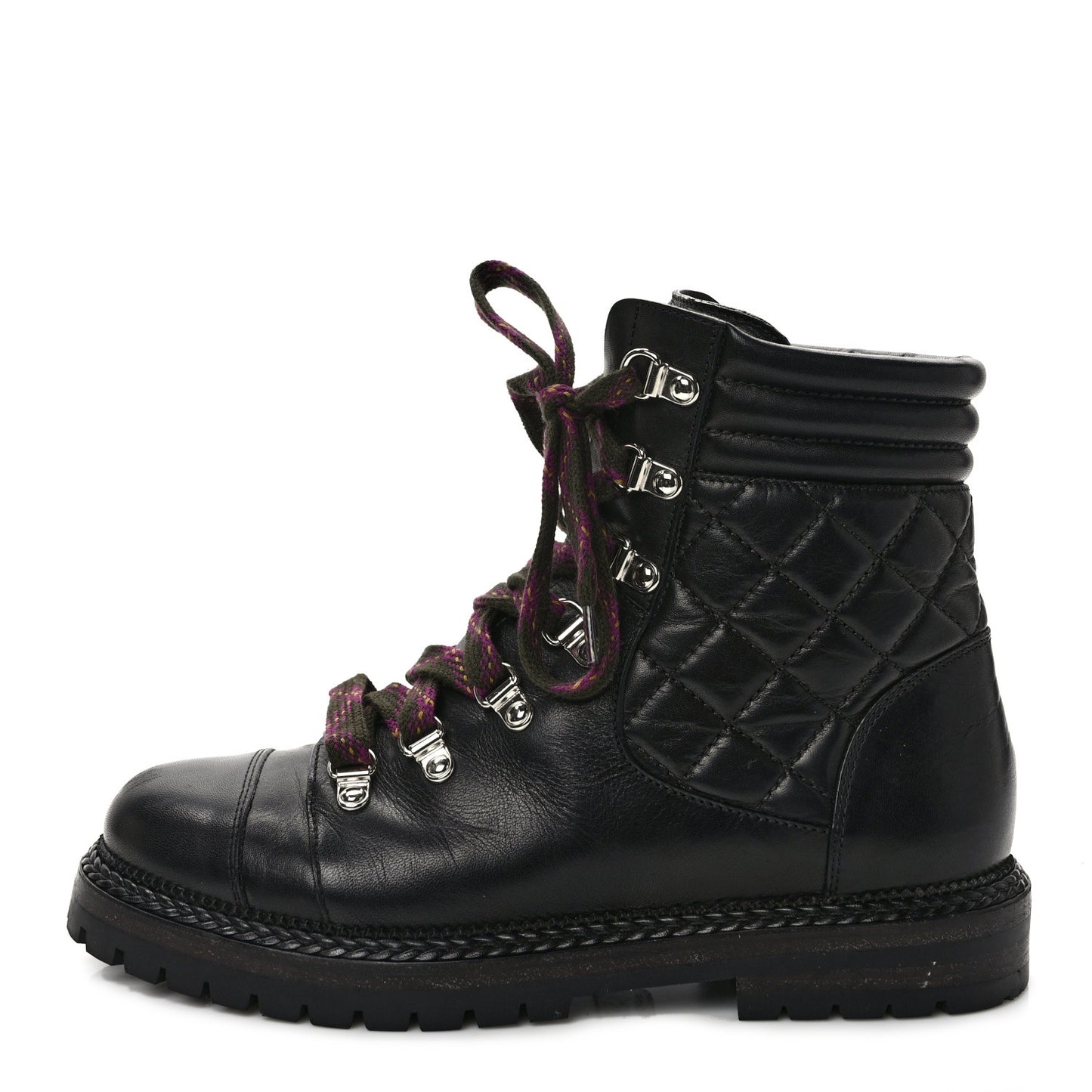 Lambskin Quilted Lace Up Boots 37.5 Black