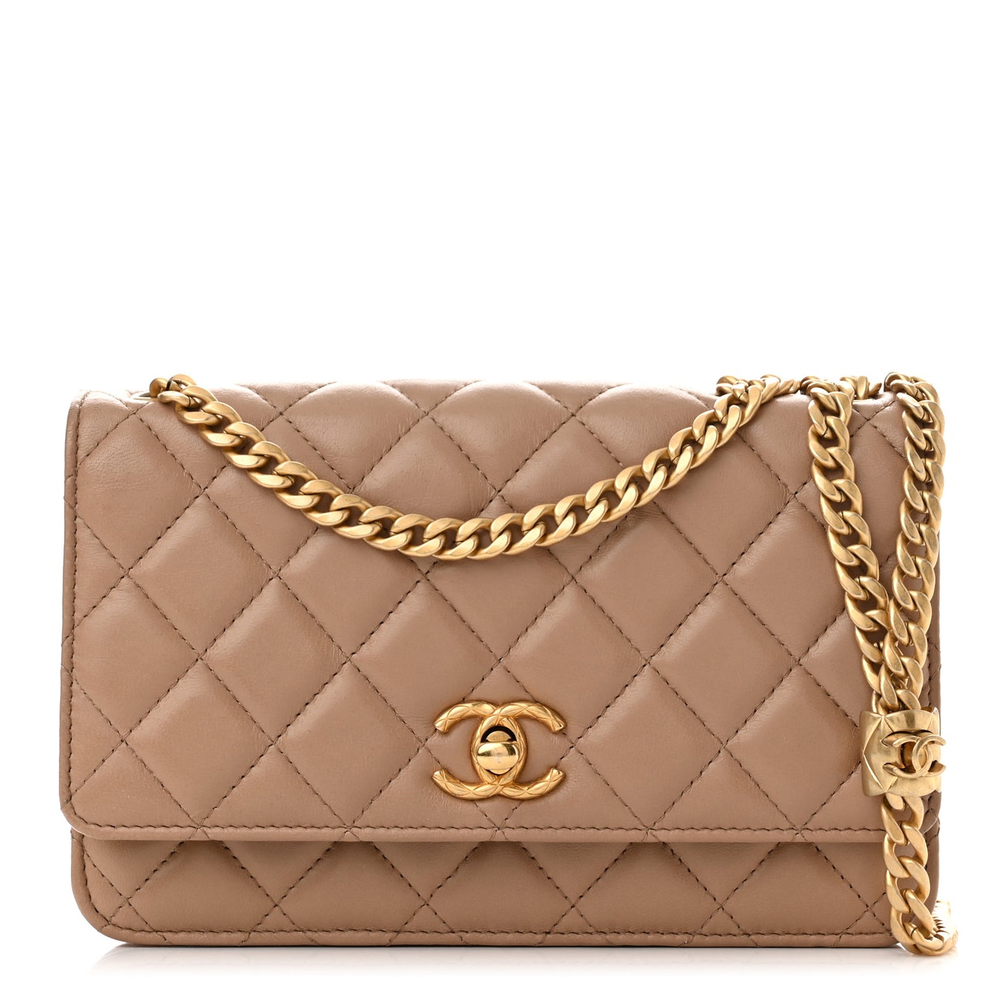 Lambskin Quilted Pillow Crush Wallet On Chain WOC Dark Beige