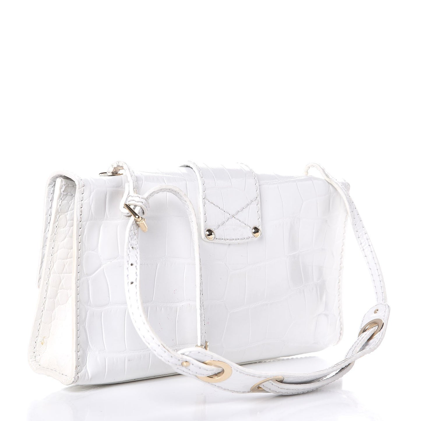 Calfskin Crocodile Embossed River Shoulder Bag White