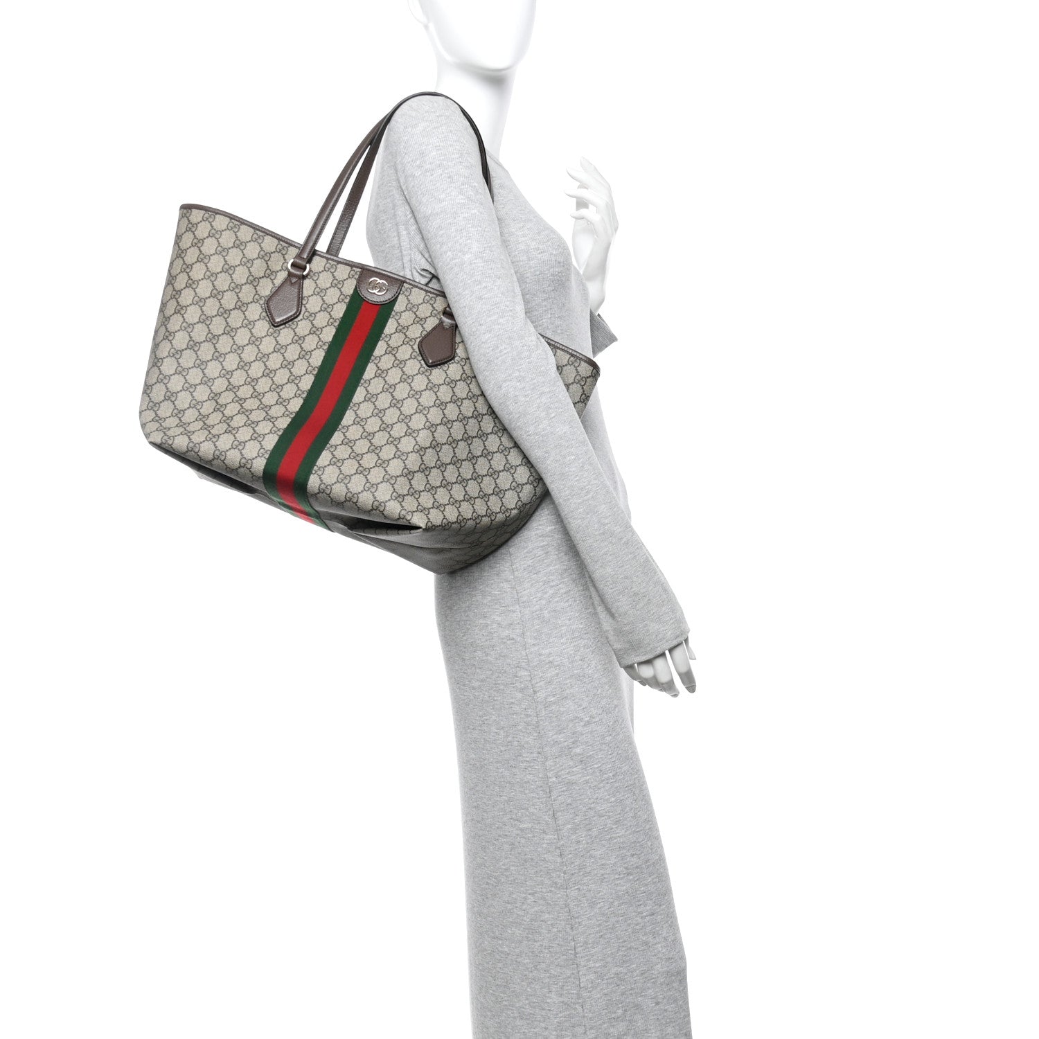 Gucci GG Supreme Monogram Calfskin Web Large Ophidia Tote Beige Dark Brown 2 of 10