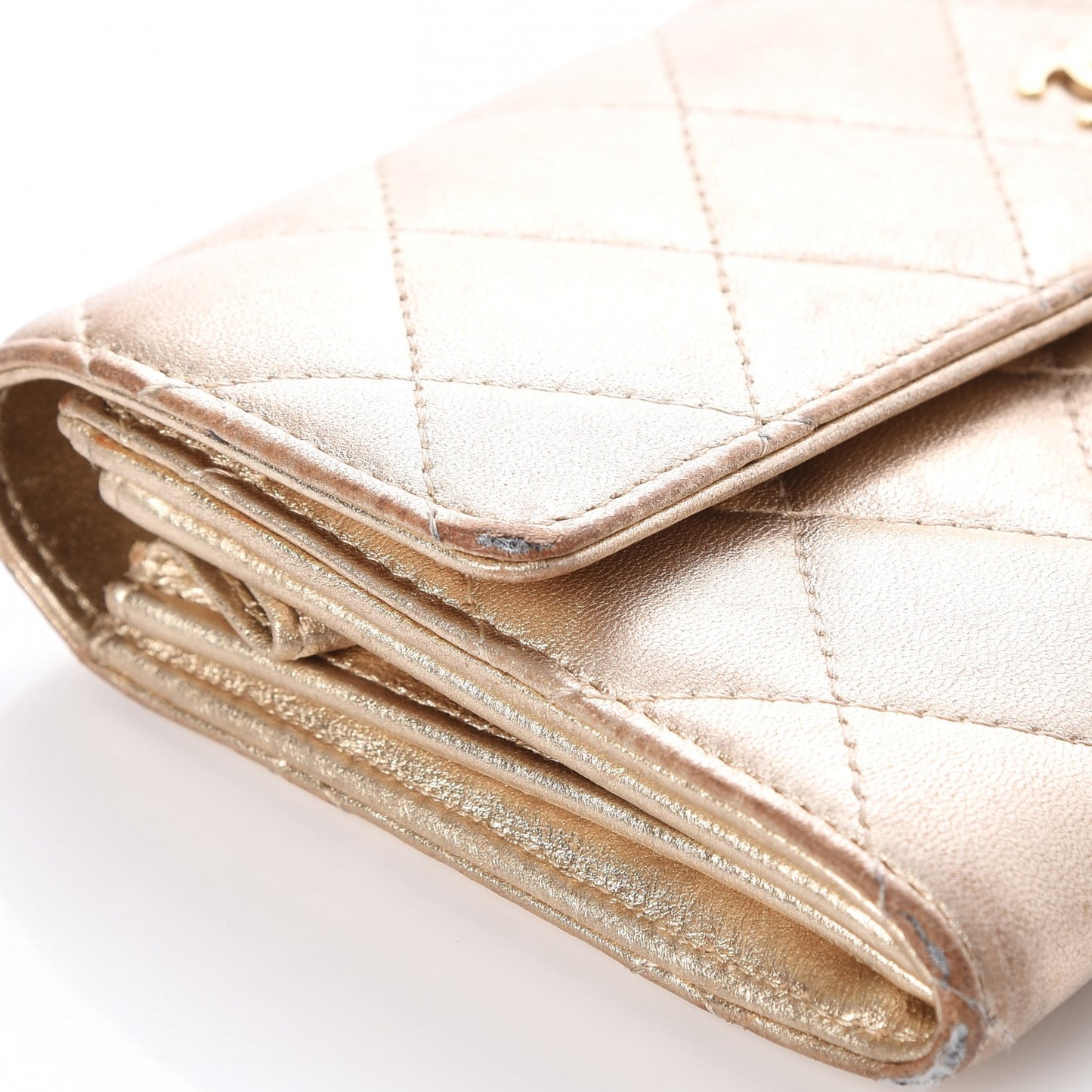 Metallic Lambskin Quilted Large Gusset Flap Wallet Pale Gold
